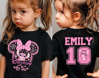 Disney Stitch Birthday Girl Shirt, Angel Pink Character Tee, Custom Name and Age Shirt, Lilo Stitch Family Matching  Party Trip Tee
