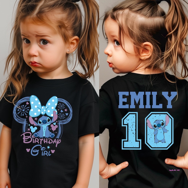 May include: Black t-shirt featuring a cartoon character with a blue bow and the text "Birthday Girl". The back of the shirt has the name "EMILY" and the number "10" in blue.