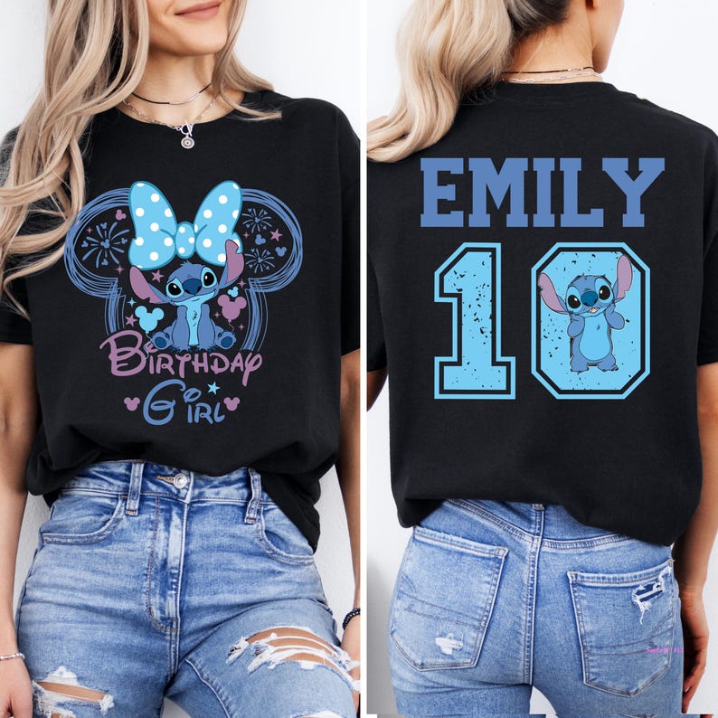 May include: Black t-shirt featuring a cartoon character with a blue bow and the text "Birthday Girl". The back of the shirt displays the name "EMILY" above the number "10" and a matching cartoon character.