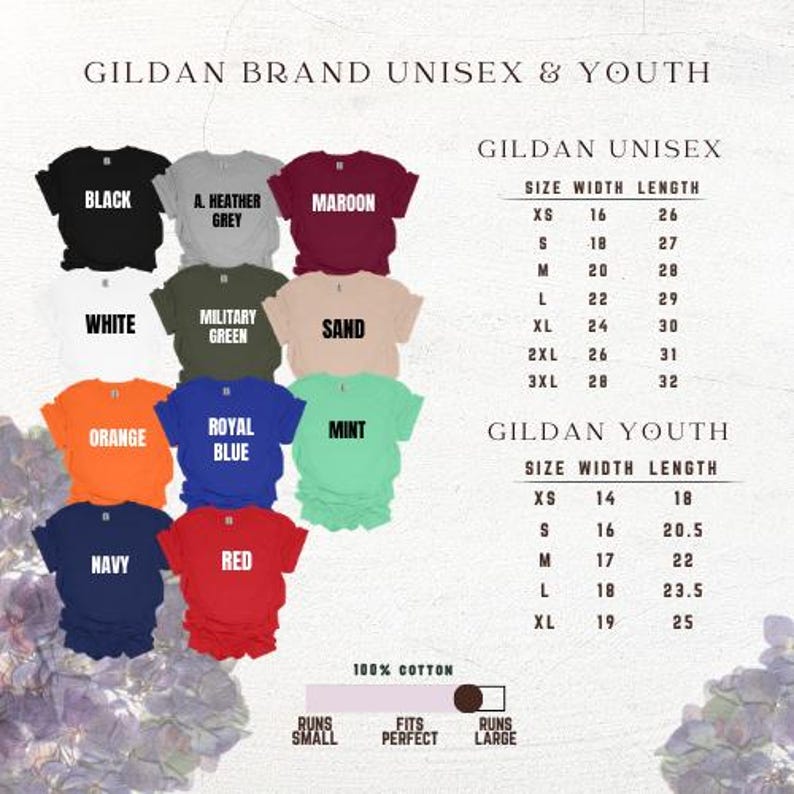 May include: A display of Gildan brand unisex and youth t-shirts in various colors, including black, white, and red. The image includes a size chart with measurements in inches for both unisex and youth sizes. The shirts are made of 100% cotton.