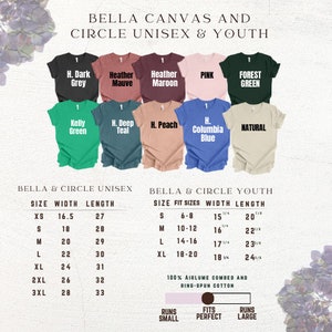 Puede incluir: Imagen de camisetas unisex y juveniles Bella + Canvas en varios colores, como gris oscuro, malva jaspeado y verde bosque. La imagen tambi&eacute;n muestra una tabla de tallas con medidas en pulgadas y detalles de la tela.