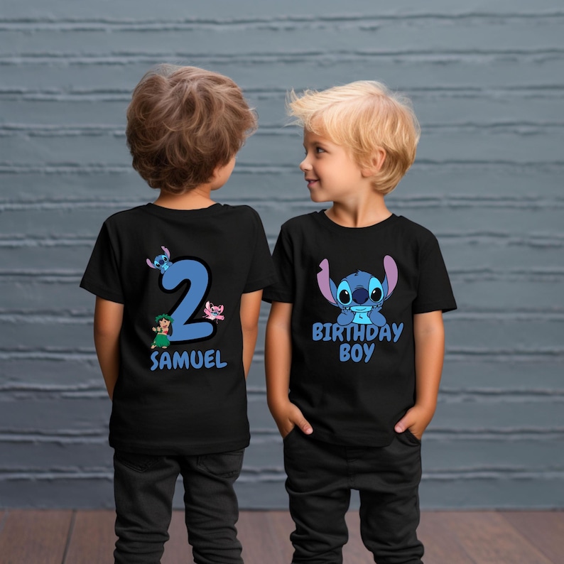 May include: Two black t-shirts with a blue Stitch character from Lilo & Stitch. One shirt says "Birthday Boy" and the other says "2 Samuel".