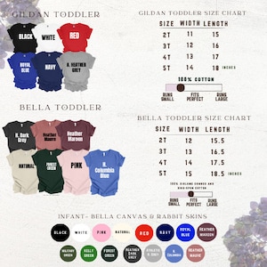 Puede incluir: Imagen de camisetas para ni&ntilde;os peque&ntilde;os y beb&eacute;s en varios colores, incluyendo negro, blanco, rojo y azul. Tambi&eacute;n se muestran tablas de tallas para las marcas Gildan y Bella, con medidas en pulgadas. Las camisetas son 100% algod&oacute;n.