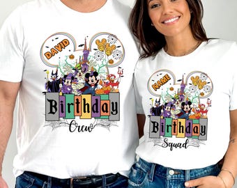 May include: White t-shirts featuring a colorful Disney-themed birthday design. The design includes Mickey Mouse, Donald Duck, and other characters, with the words "Birthday Crew" and "Birthday Squad".