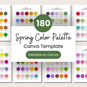 May include: A collection of color palette templates labeled "Spring Color Palette" with the text "Canva Template" and "Editable on Canva". Each palette features a grid of color swatches in various shades, including pinks, greens, yellows, and purples. The number "180" is also displayed.