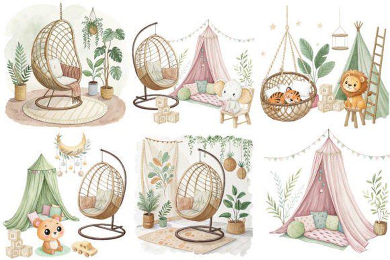 Baby Shower Clipart – Green Boho Nursery Digital Set - Etsy
