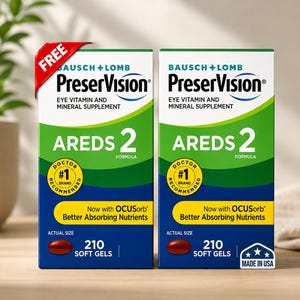 以下が含まれることがあります： Bausch + Lomb PreserVision AREDS 2 アイビタミン・ミネラルサプリメントの同一の長方形の箱2つ。各箱は緑と青のデザインで、医師推奨の黄色いシールがあり、210個のソフトジェルが含まれていることが記載されています。