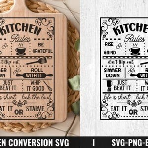 May include: A wooden chopping board with the text "Kitchen Rules" in a decorative font. The board features kitchen-themed icons and phrases like "Rise & Grind" and "Eat It or Starve". The board is set on a woven surface.