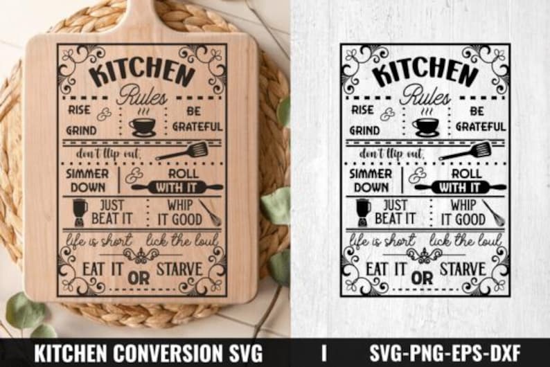 May include: A wooden chopping board with the text "Kitchen Rules" in a decorative font. The board features kitchen-themed icons and phrases like "Rise & Grind" and "Eat It or Starve". The board is set on a woven surface.