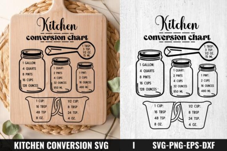 May include: A wooden kitchen conversion chart with black text and illustrations. It includes measurements for gallons, quarts, pints, cups, and ounces. The chart also shows the equivalent measurements in tablespoons, teaspoons, and milliliters.