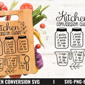 May include: A wooden chopping board featuring a kitchen conversion chart, detailing measurements for gallons, quarts, pints, cups, tablespoons, and ounces. The chart is in black and white, with a floral design.
