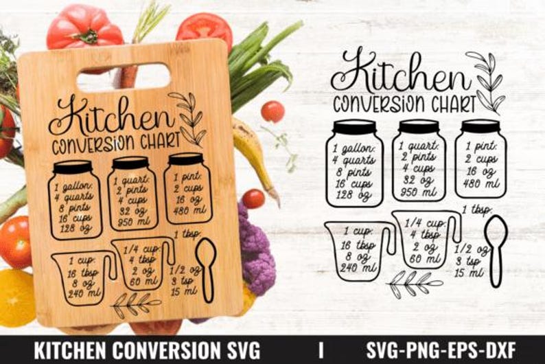 May include: A wooden chopping board featuring a kitchen conversion chart, detailing measurements for gallons, quarts, pints, cups, tablespoons, and ounces. The chart is in black and white, with a floral design.