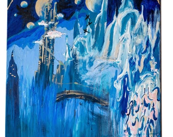 Puede incluir: Pintura abstracta acrílica que representa un paisaje de fantasía. La obra presenta un cielo azul oscuro con cuerpos celestes, un puente y estructuras estilizadas en tonos azules y blancos. Aves negras vuelan por el cielo.