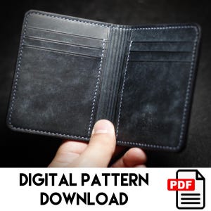May include: A dark gray leather wallet with white stitching. The wallet is open, revealing multiple card slots. The text "DIGITAL PATTERN DOWNLOAD" is displayed at the bottom of the image, along with a PDF icon.