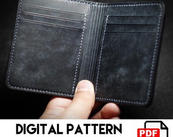 May include: A dark gray leather wallet with white stitching. The wallet is open, revealing multiple card slots. The text "DIGITAL PATTERN DOWNLOAD" is displayed at the bottom of the image, along with a PDF icon.