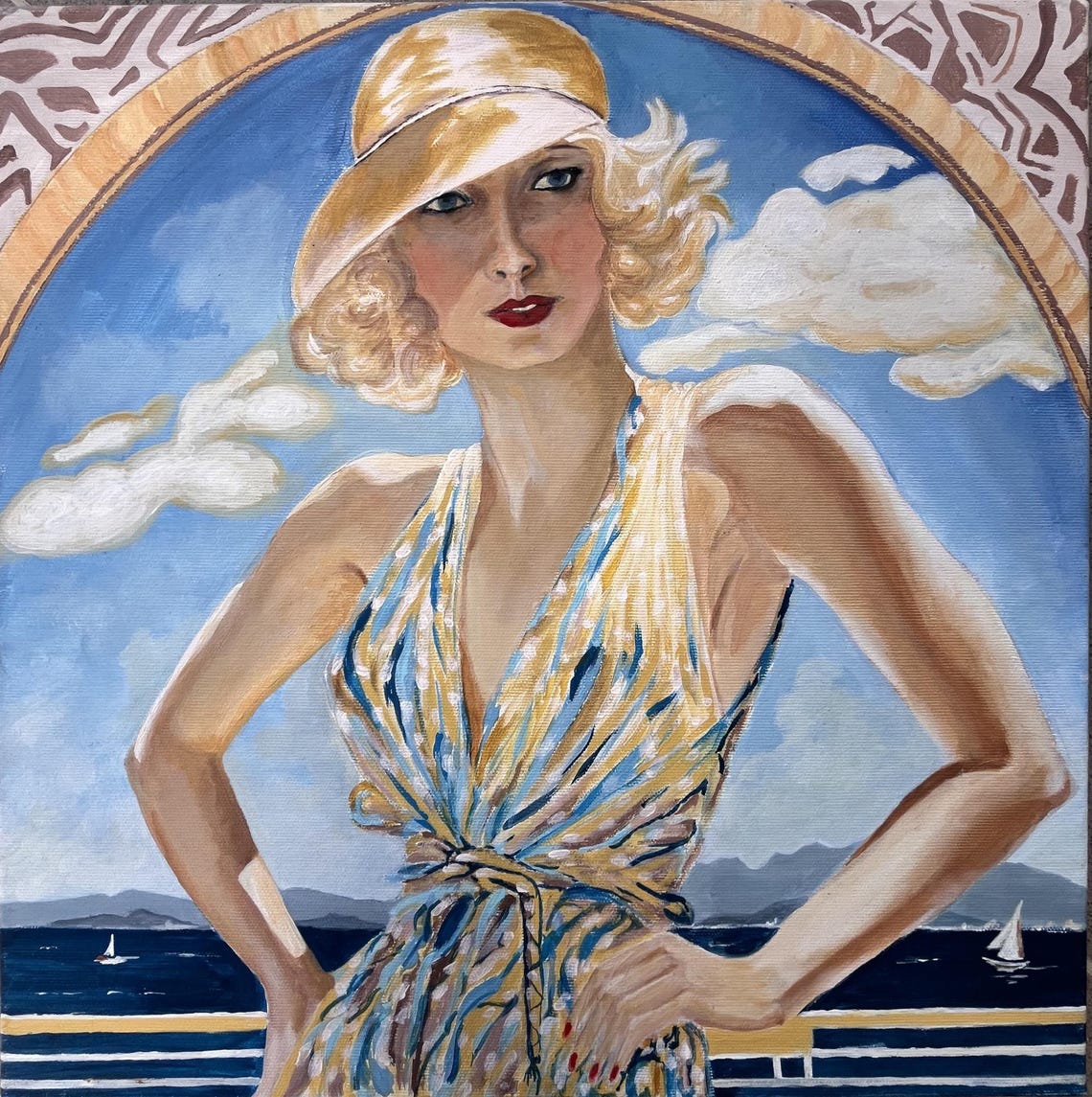 1920s Glamour, Blonde Woman in Golden Hat, Art Deco Seaside Portrait ...