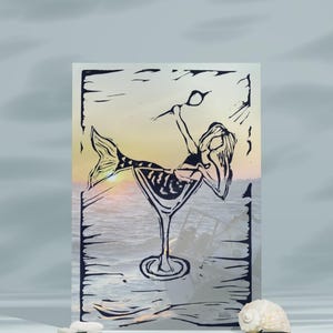 Meerjungfrau Martini Glas Linoldruck: Nautische Wandkunst (Digitaler Download)