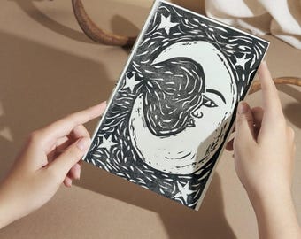 Crescent Moon Linocut Print: 4x6" Starry Sky Celestial Art