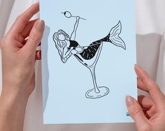 Mermaid Martini Art Print: Whimsical Nautical Wall Decor (Digital Download)