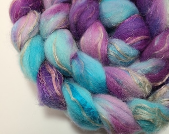 Hand Dyed Merino Wool Tussah Silk Flax Top Roving 50/30/20 for Spinning and Felting Bridge Over Troubled Waters FREE SHIPPING