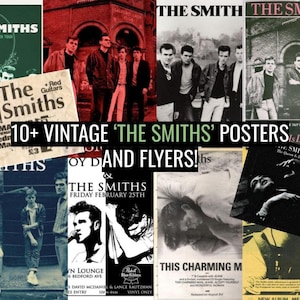 Puede incluir: Un collage de pósters y folletos vintage de la banda The Smiths. Los pósters presentan imágenes en blanco y negro de los miembros de la banda, junto con el nombre de la banda y los títulos de los álbumes. Los pósters son de varios tamaños y estilos, y algunos están rotos o descoloridos. El texto en los pósters incluye el nombre de la banda, los títulos de los álbumes, las fechas de la gira y la información del lugar.