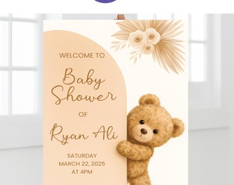 Neutral Teddy Bear Welcome Sign | Editable Canva Baby Shower Board | Digital Download