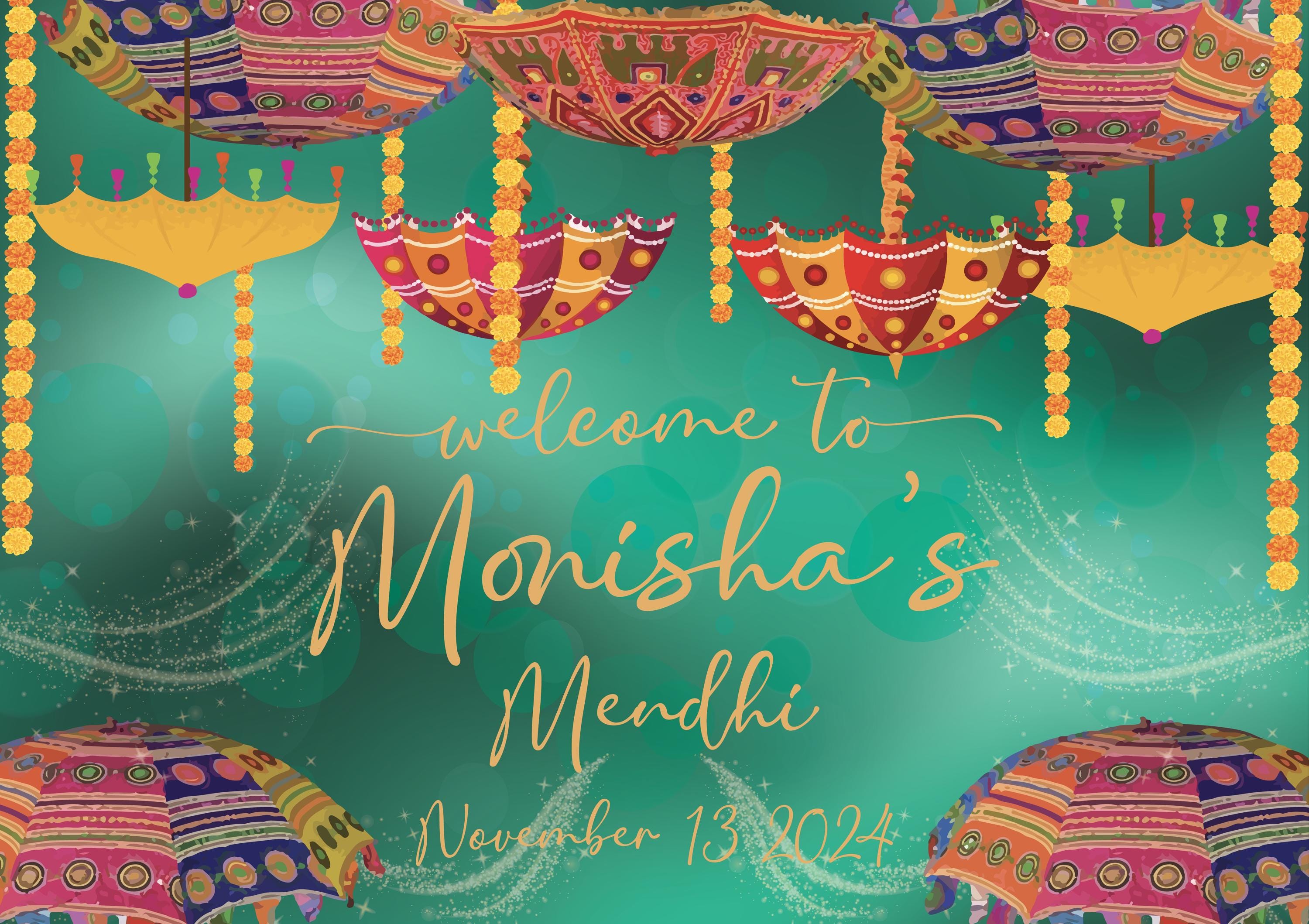 Mendhi | Colorful Mehndi Welcome Signs | Henna Decor | Indian Mehendi Umbrella | Desi Event Decor | Vibrant Henna Party Signs | Green Sign