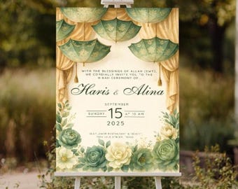 Personalized Nikah Welcome Sign: Green Floral Islamic Wedding Decor