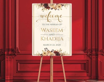 Red & Gold Floral Welcome Sign – Handcrafted, Elegant Sign for Weddings, events and Special Occasions | Wedding inspiration | Ideas Nikaah
