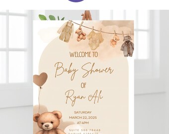 Neutral Teddy Bear Welcome Sign | Editable Canva Baby Shower Board | Digital Download