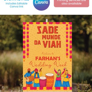 May include: A wedding sign with the text "SADE MUNDE DA VIAH" and "FARHAN'S Wedding Week". The sign features illustrations of people playing drums and dancing, with a yellow background and pink and orange floral borders. The sign is a digital file.