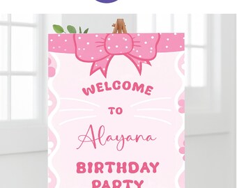 Pink Bow Birthday Welcome Sign | Editable Girl Party Decor (Canva Digital Download)