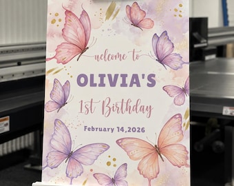 Glittery Butterfly First Birthday Theme | Welcome Sign Girl Birthday Party Board
