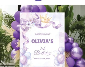 Purple Princess 1st Birthday Welcome Sign | Editable Canva Girl Birthday Board | Digital Download