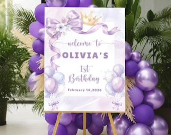 Purple Bow First Birthday | Welcome Sign Girl Birthday Party Board