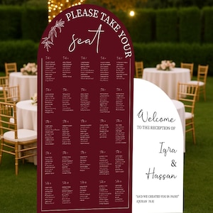 May include: A burgundy seating plan with white text reading "Please take your seat." The chart lists names and table numbers. A welcome sign for Iqra & Hassan is also visible.