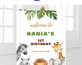 Safari 1st Birthday Welcome Sign | Jungle Animal Birthday Board | Editable Canva Digital Download