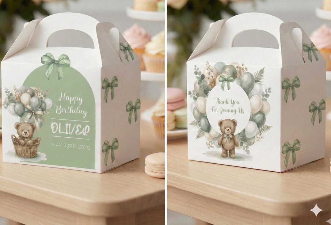 Green Teddy Bear Favor Boxes | First Birthday | Personalized Baby ...