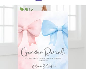 Pastel Gender Reveal Welcome Sign | Pink & Blue Bows, Editable Canva Template (Digital Download)