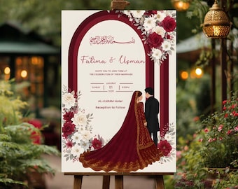 Burgundy Floral Nikkah Welcome Sign: Bride & Groom Illustration