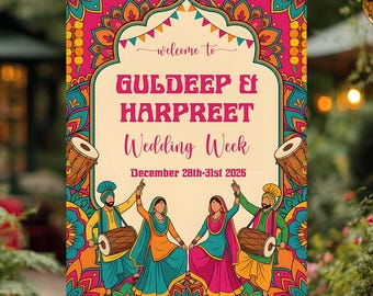 Wedding Week Welcome Sign | Punjabi Folk Art Mehndi Shaadi Decor Colorful Board