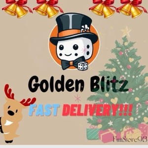 May include: A festive Christmas-themed image with a cartoon character wearing a top hat and holding a dice. The character is in front of a Christmas tree and the text "Golden Blitz FAST DELIVERY!!!" is displayed.