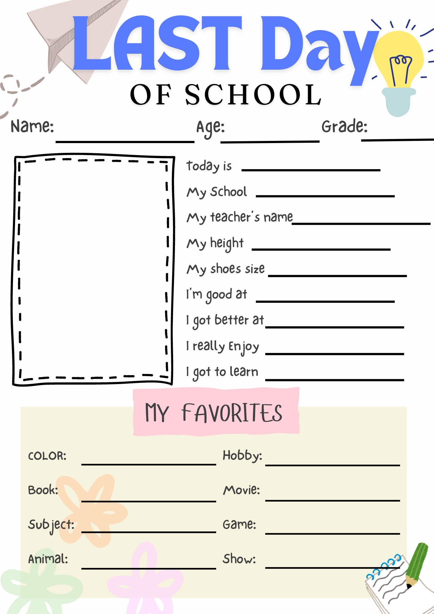 Back to School Printable, Back to School Questionnaire, School ...
