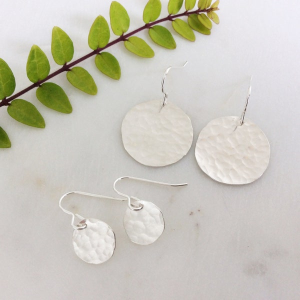 Silver Hammered Disc Earrings + handmade Circle round + Textured recycled ethical + simple lightweight drop earrings + birthday gift UK