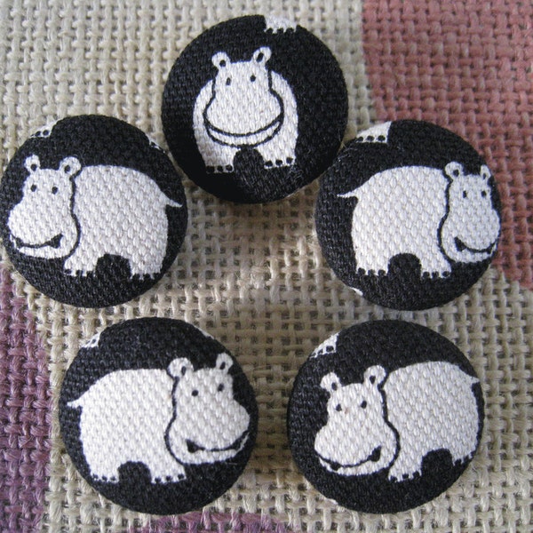 7/8 inch sew on buttons - Hippo on Black - set of  5