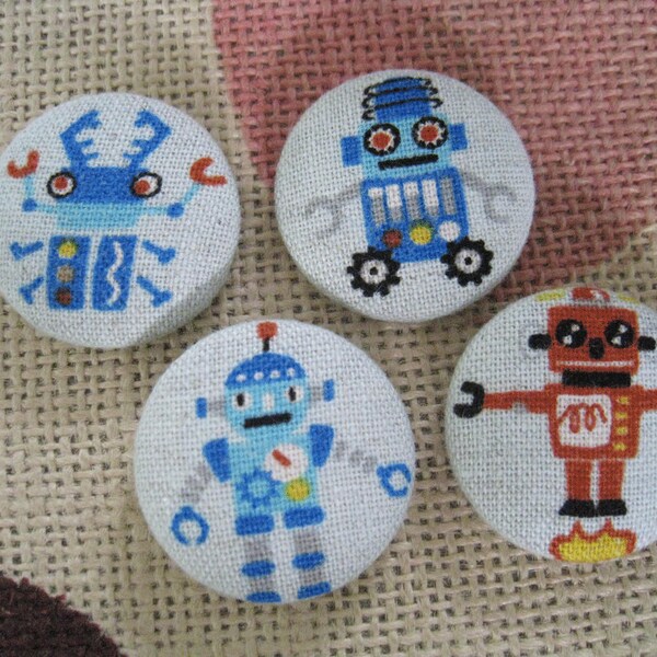 Fabric covered button - 1 1/8 inch fabric cover sew on buttons - Robot - set of 4