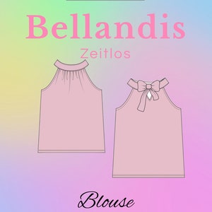 Könnte beinhalten: Ein digitales Schnittmuster für eine rosa Bluse mit einem Schleifendetail am Nacken. Das Schnittmuster ist in den Größen XS-5XL erhältlich und heißt "Lovely".