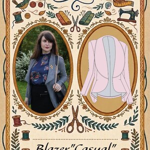 Könnte beinhalten: Illustration eines Schnittmusters im Vintage-Stil. Das Bild zeigt den Text "Sewing Pattern" und "Blazer Casual". Es enthält ein Foto einer Frau, die einen Blazer trägt, und eine Zeichnung eines rosa Blazers. Das Muster ist in den Größen 34-50 erhältlich.