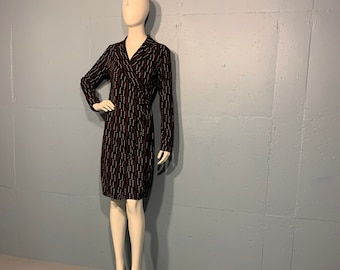 70s Express black geometric print faux wrap style dress white orange print fitted dress