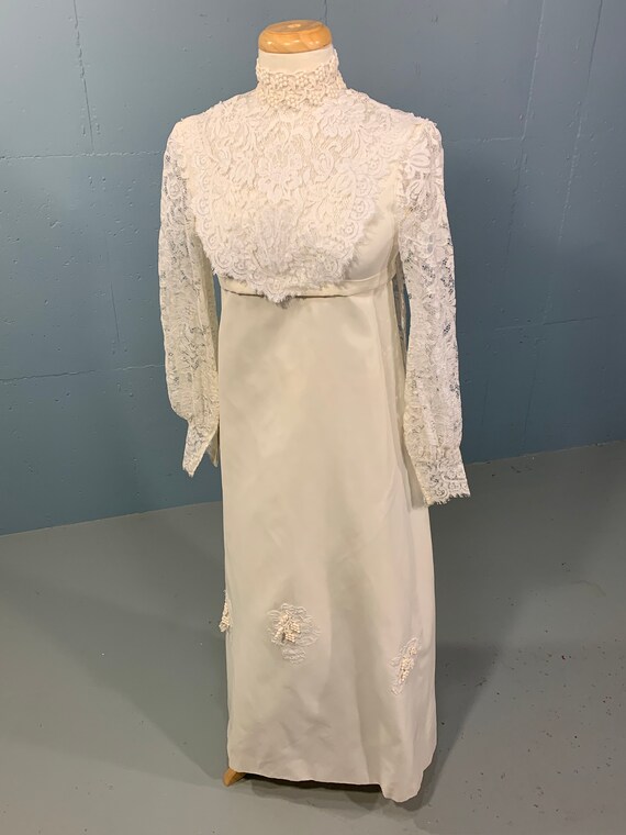 high neck empire waist wedding dress Regency Inspired Empire Waist Lace Trimmed Wedding Dress & Long Veil circa 1960s main image 0